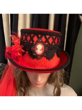 Red Felt Top Hat with Black Lace & Train